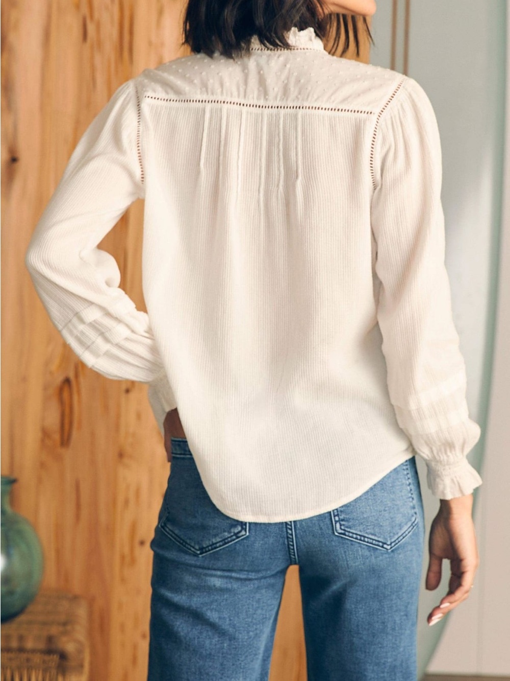 Faherty Cream Ruffled Split-Neck Blouse 100% cotton - Picture 3 of 10